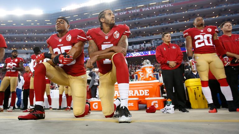 SANTA CLARA, CA - SEPTEMBER 12: Eric Reid #35 and Colin Kaepernick #7 of the San Francisco 49ers kneel during the anthem, prior to the game against the Los Angeles Rams at Levi Stadium on September 12, 2016 in Santa Clara, California. The 49ers defeated the Rams 28-0. (Photo by Michael Zagaris/San Francisco 49ers/Getty Images)  *** Local Caption *** Eric Reid;Blaine Gabbert