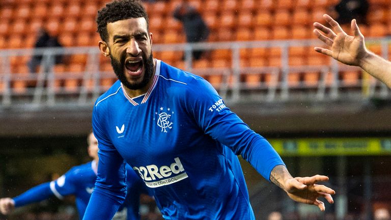 Connor Goldson celebrates after scoring to give Rangers a 2-1 lead against Dundee United 