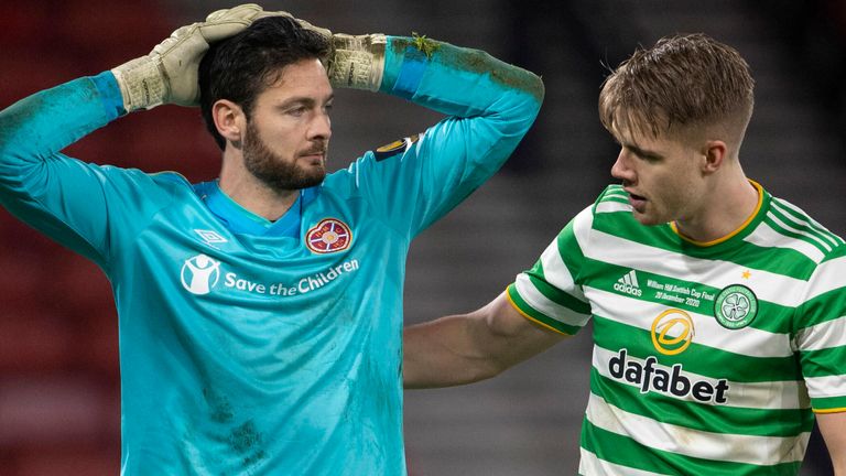 Kristoffer Ajer talks to former team-mate Craig Gordon after Celtic beat Hearts in the Scottish Cup final