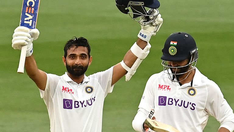 India's Ajinkya Rahane celebrates his century against Australia in the second Test at Melbourne