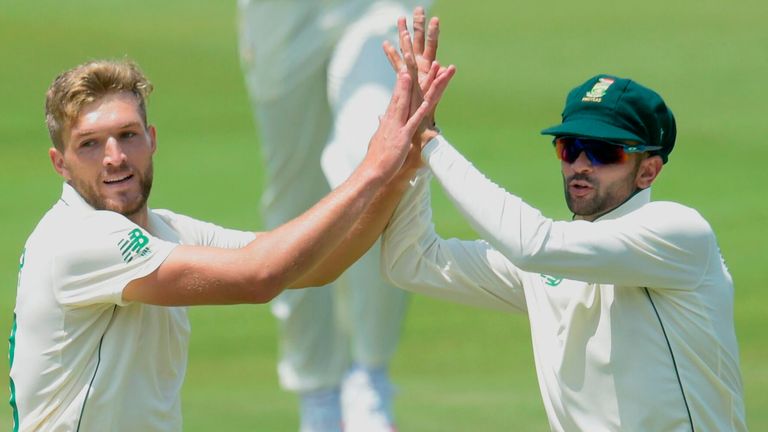 South Africa's Wiaan Mulder celebrates a wicket in the first Test against Sri Lanka