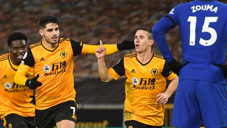 Daniel Podence wheels away after equalising for Wolves against Chelsea