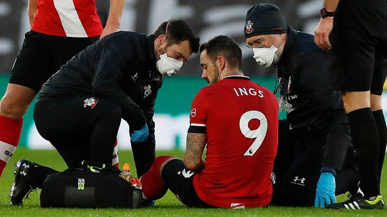 Danny Ings of Southampton receives medical treatment during the Premier League match between Southampton and Manchester City at St Mary&#39;s Stadium