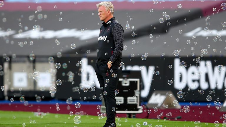 West Ham manager David Moyes surrounded by bubbles during the Pre-Season Friendly between West Ham United and AFC Bournemouth at London Stadium on September 05, 2020