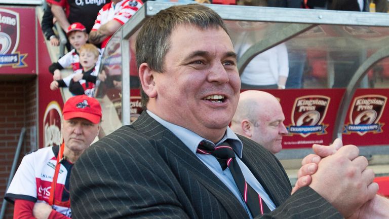 Picture by Allan McKenzie/SWpix.com - 18/04/2015 - Rugby League - Ladbrokes Challenge Cup - Leigh Centurions v Salford Red Devils - Leigh Sports Village, Leigh , England - Leigh Director Derek Beaumont celebrates with Jame Emmitt as he comes off the field.