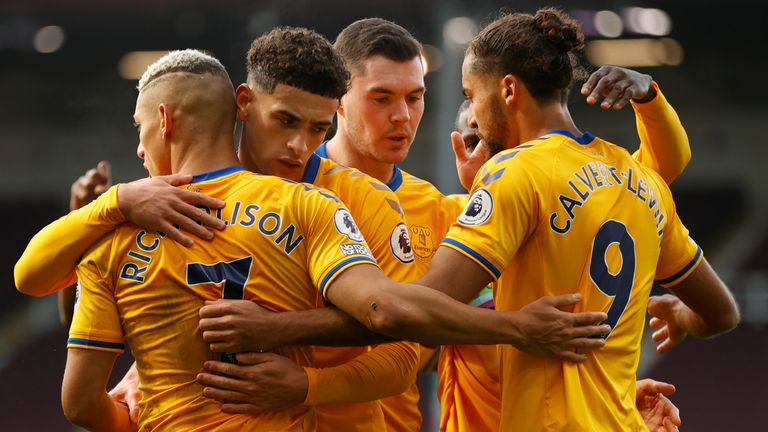 Dominic Calvert-Lewin celebrates his equaliser against Burnley with Everton team-mates