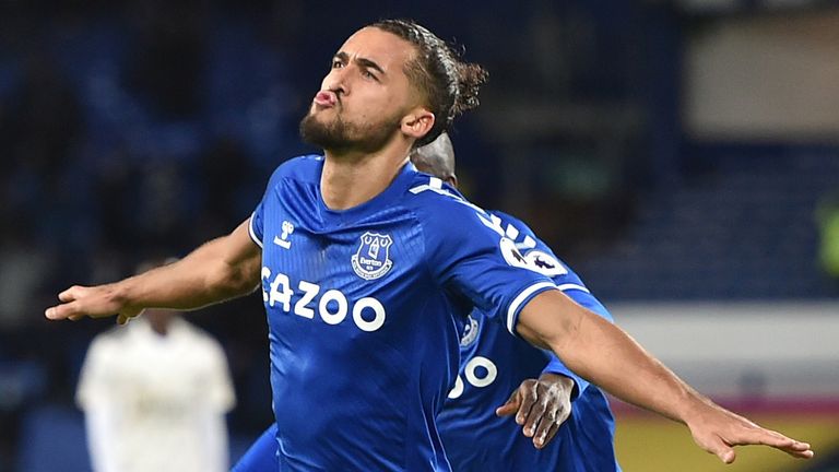 Dominic Calvert-Lewin celebrates Everton taking the lead against Arsenal through Rob Holding's own goal