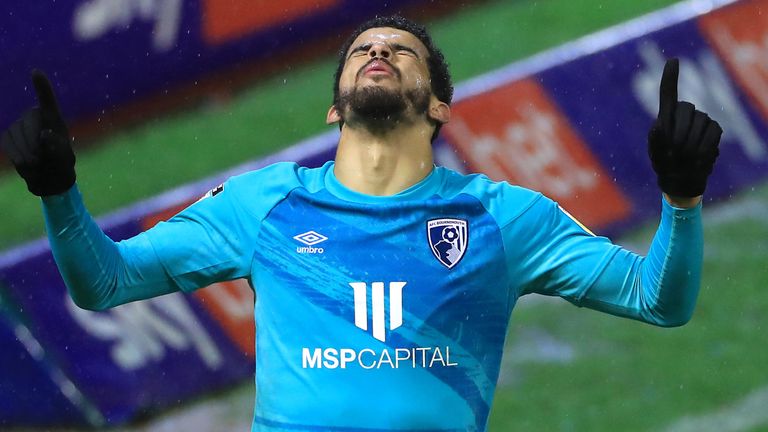 Dominic Solanke celebrates after putting Bournemouth two-up against Barnsley