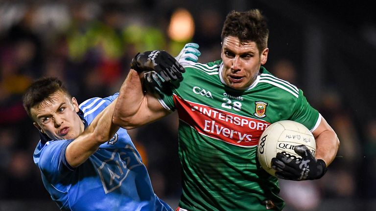 Lee Keegan in action against Eoin Murchan during the National League meeting earlier this year