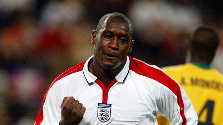 Emile Heskey of England celebrates scoring the winning goal during the International Friendly match between South Africa and England held on May 22, 2003 at The ABSA Stadium, in Durban, South Africa. England won the match 2-1
