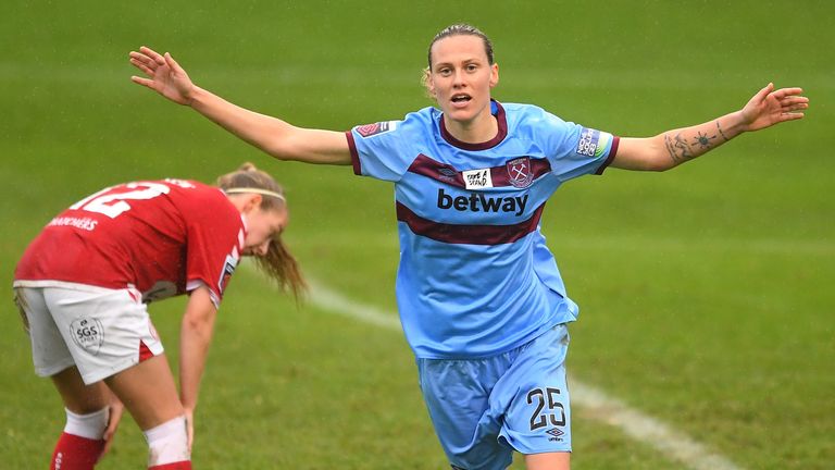 Emily van Egmond celebrates scoring in West Ham's rout of Bristol City in the WSL