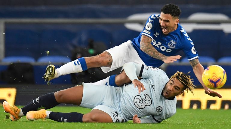 Allan is wiped out by Reece James at Goodison Park on Saturday