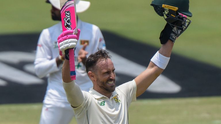 AP Newsroom - South Africa&#39;s Faf du Plessis gets his 100 on day three of the first cricket test match between South Africa and Sri Lanka at Super Sport Park Stadium in Pretoria, South Africa, Mon 28 December, 2020. (AP Photo/Catherine Kotze)