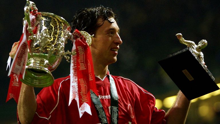  Liverpool&#39;s Robbie Fowler holds aloft The Worthington Cup and Man of the Match trophies after beating Birmingham City at The Millenium Stadium in Cardiff Sunday 25 February 2001. Fowler scored a first half goal which Liverpool won 6-5 after extra time and penalties.