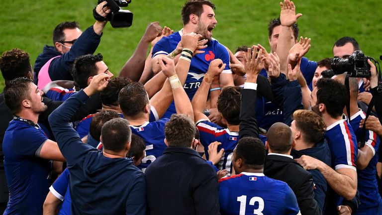 France's centre Arthur Retiere (C) celebrates with teammates after winning the Six Nations rugby union tournament match between France and Ireland at the stade de France, in Saint Denis, on the outskirts of Paris, on October 31, 2020. (Photo by FRANCK FIFE / AFP) (Photo by FRANCK FIFE/AFP via Getty Images)