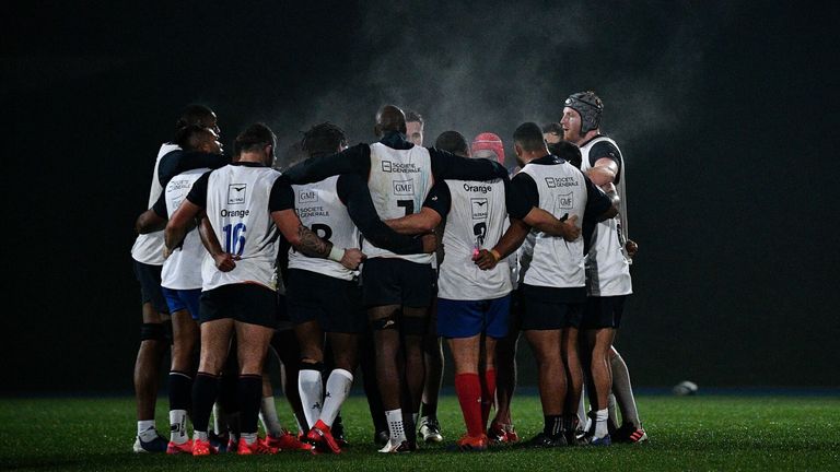 France's players gather as they attend a training session in Marcoussis, south of Paris on November 25, 2020, ahead of the Autumn Nations Cup international rugby union match between France and Italy on November 28. (Photo by Anne-Christine POUJOULAT / AFP) (Photo by ANNE-CHRISTINE POUJOULAT/AFP via Getty Images)