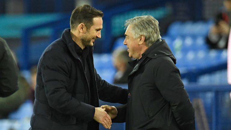Frank Lampard shakes hands with Carlo Ancelotti before kick-off