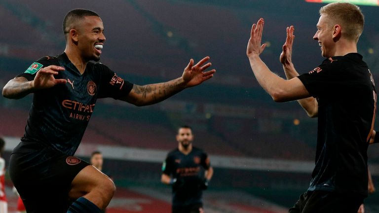 Gabriel Jesus celebrates after giving Manchester City an early lead against Arsenal in the Carabao Cup quarter-finals