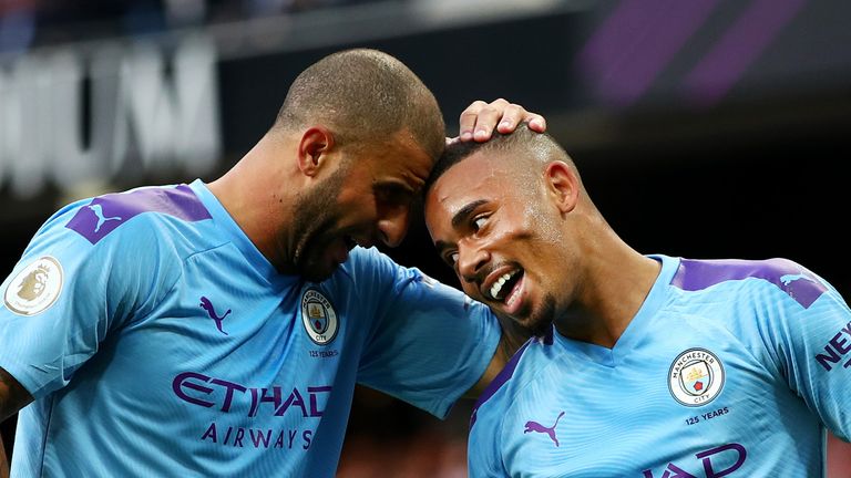 Gabriel Jesus of Manchester City celebrates after scoring his sides third goal which is later disallowed by VAR during the Premier League match between Manchester City and Tottenham Hotspur at Etihad Stadium on August 17, 2019 in Manchester, United Kingdom