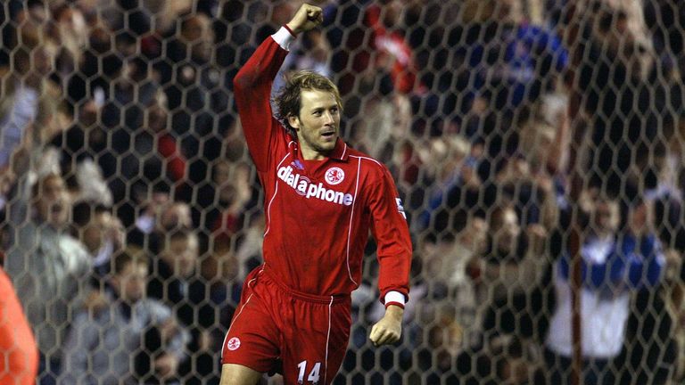 Gaizka Mendieta of Middlesbrough celebrates scoring the winning penalty against Everton during the penalty shoot out in the Carling Cup fourth round match between Middlesbrough and Everton at The Riverside Stadium on December 3, 2003 in Middlesbrough, England.