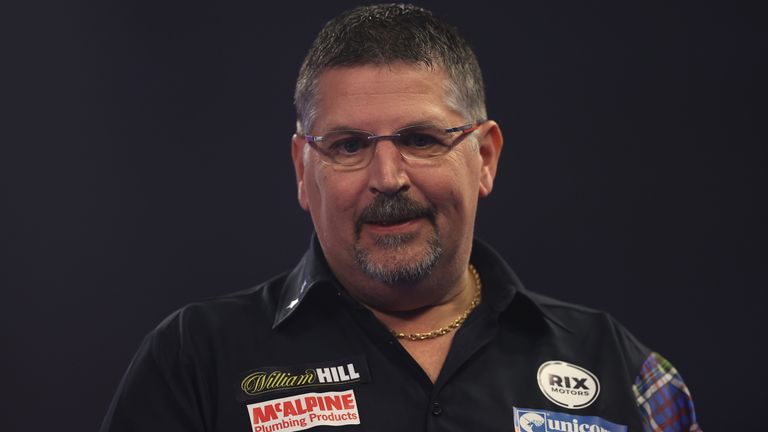 Gary Anderson of Scotland looks on during his third round match against Mensur Suljović of Serbia during day eleven of the PDC William Hill World Darts Championship at Alexandra Palace on December 28, 2020 in London, England