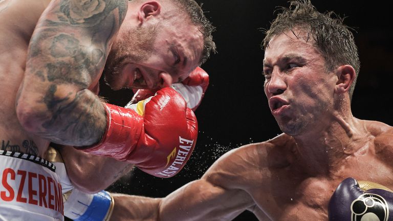 December 18, 2020; Hollywood, Florida; Gennadiy Golovkin and Kamil Szeremeta during their bout on the December 18, 2020 Matchroom fight card in Hollywood, Florida. Mandatory Credit: Michael Owens/Matchroom.