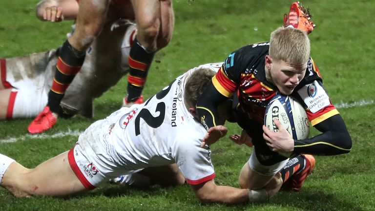 Gloucester's George Barton (centre) scores his side's third try of the game during the Heineken Champions Cup match at the Kingsholm Stadium, Gloucester.