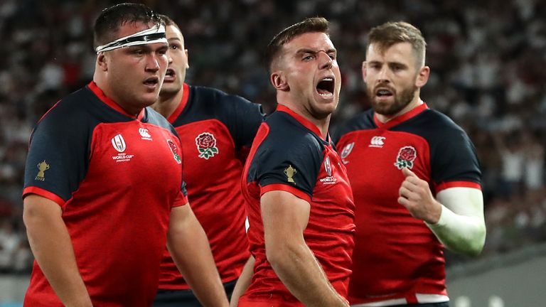 George Ford of England celebrates after scoring a try during the Rugby World Cup 2019 Group C game between England and Argentina at Tokyo Stadium on October 05, 2019 in Chofu, Tokyo, Japan. (Photo by David Rogers/Getty Images)