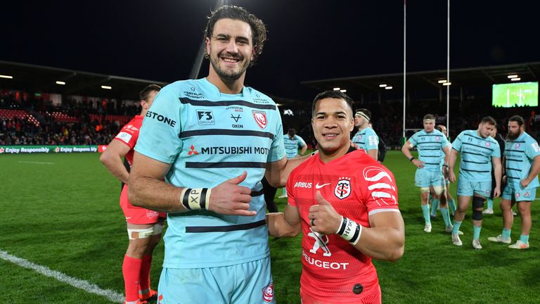 TOULOUSE, FRANCE - JANUARY 19: Gerbrandt Grobler of Gloucester and Cheslin Kolbe of Toulouse pose following the Heineken Champions Cup Round 6 match between Toulouse and Gloucester Rugby at the Stade Ernest-Wallon on January 19, 2020 in Toulouse, France.