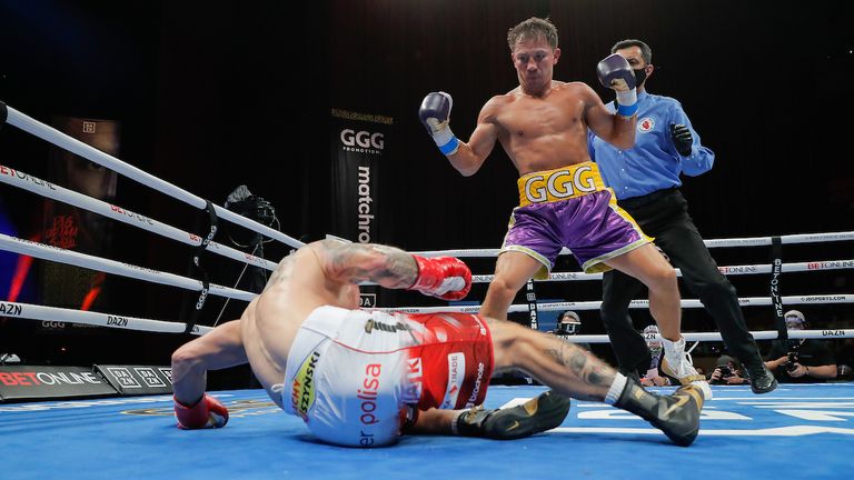 December 18, 2020; Hollywood, Florida; Gennadiy Golovkin and Kamil Szeremeta during their bout on the December 18, 2020 Matchroom fight card in Hollywood, Florida. Mandatory Credit: Michael Owens/Matchroom.