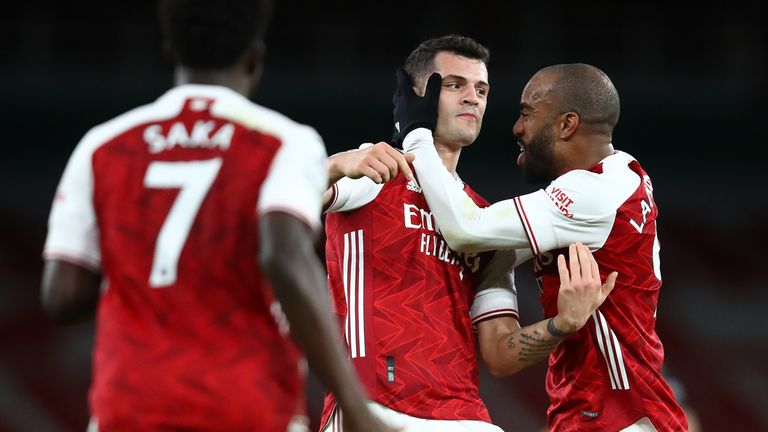 Granit Xhaka celebrates after doubling Arsenal's lead