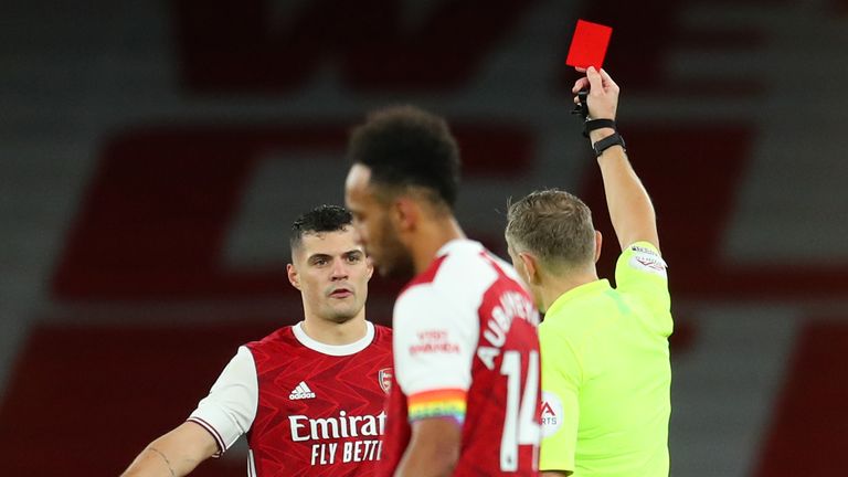 Granit Xhaka is shown a red card by referee Graham Scott