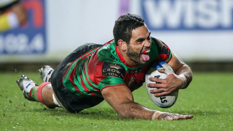 Picture by Alex Whitehead/SWpix.com - 22/02/2015 - Rugby League - World Club Challenge - St Helens v South Sydney Rabbitohs - Langtree Park , St Helens, England - The Rabbitohs' Greg Inglis scores a try.