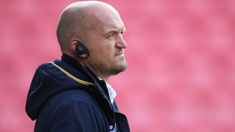 Scotland head coach Gregor Townsend looks on during the warm up during the 2020 Guinness Six Nations match between Wales and Scotland at Parc y Scarlets on October 31, 2020 in Llanelli, Wales. Sporting stadiums around the UK remain under strict restrictions due to the Coronavirus Pandemic as Government social distancing laws prohibit fans inside venues resulting in games being played behind closed doors. (Photo by Stu Forster/Getty Images)