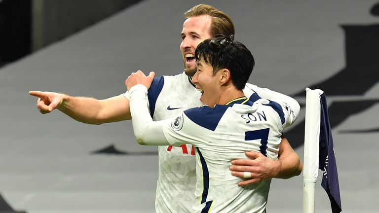 Goalscorer Harry Kane celebrates with Heung-min Son