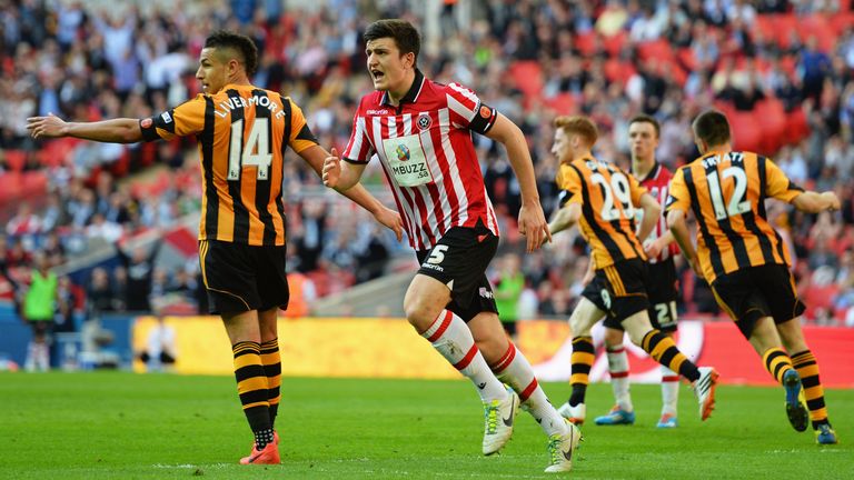 Harry Maguire playing for Sheffield United in an FA Cup semi-final vs Hull