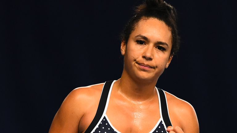 Heather Watson celebrates a point during their round robin match against Francesca Jones during Day Four of the Battle of the Brits Premier League of Tennis at the National Tennis Centre on December 23, 2020 in London, England.