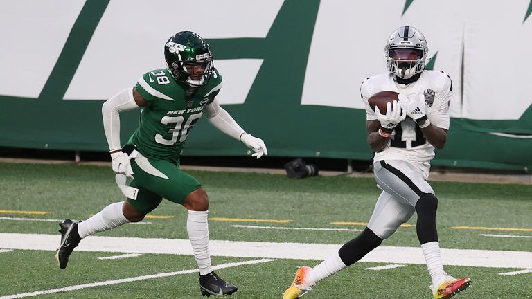 Ruggs III hauls in a catch on his way to a touchdown against the New York Jets