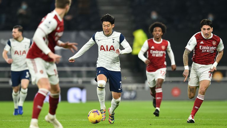 Heung-min Son in action during the north London derby at Tottenham Hotspur Stadium