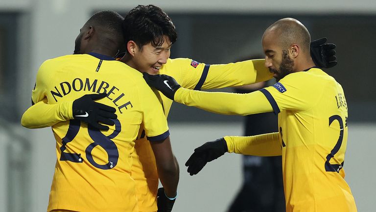 Heung-Min Son is congratulated after giving Spurs a 2-1 lead at LASK