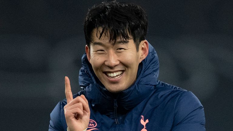 Son Heung-Min of Tottenham Hotspur encourages the 2000 fans allowed in to the stadium after the Premier League match between Tottenham Hotspur and Arsenal at Tottenham Hotspur Stadium on December 6, 2020 in London, United Kingdom. A limited number of fans are welcomed back to stadiums to watch elite football across England. This was following easing of restrictions on spectators in tiers one and two areas only. (Photo by Visionhaus) *** Local Caption *** Son Heung-Min