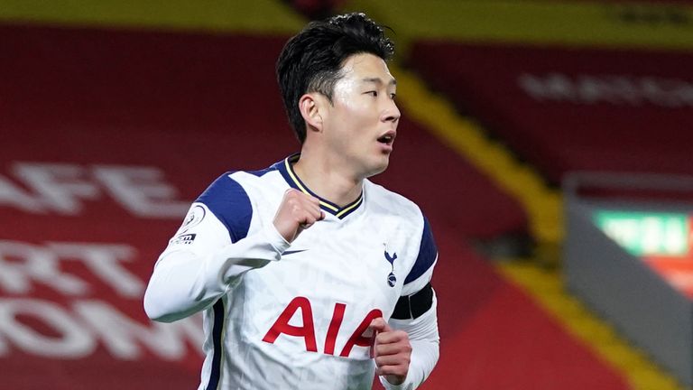 Heung-Min Son celebrates his equaliser for Tottenham at Liverpool