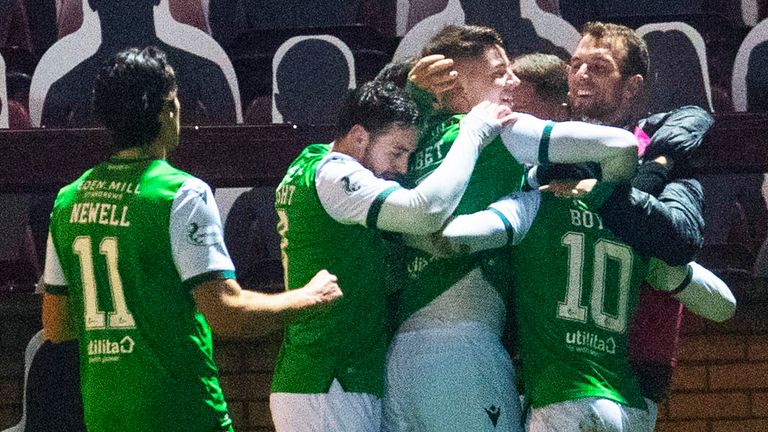 The Hibs players celebrate Martin Boyle opening the scoring during the Scottish Premiership match between Motherwell and Hibernian at Fir Park