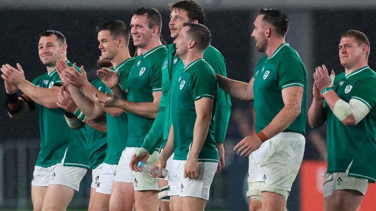 YOKOHAMA, JAPAN - SEPTEMBER 22: Ireland players celebrate after the Rugby World Cup 2019 Group A game between Ireland and Scotland at International Stadium Yokohama on September 22, 2019 in Yokohama, Kanagawa, Japan. (Photo by Craig Mercer/MB Media/Getty Images)