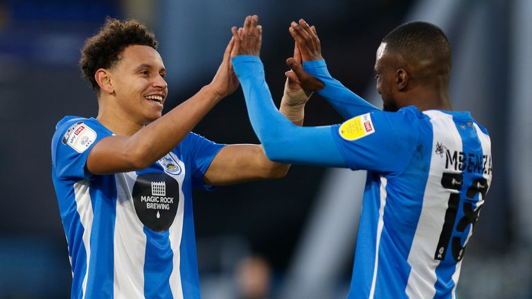 Huddersfield's Ramani Edmonds-Green and Isaac Mbenza celebrate after the Terriers' 2-0 win over Watford