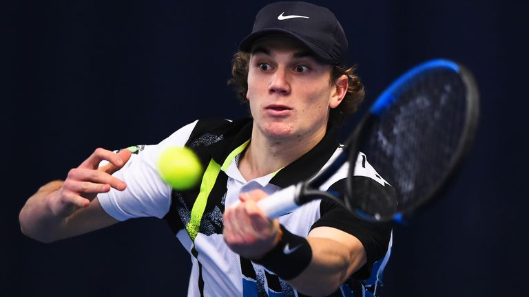 Jack Draper plays a forehand shot during their round robin match against Liam Broady during Day One of the Battle of the Brits Premier League of Tennis at the National Tennis Centre on December 20, 2020 in London, England. 