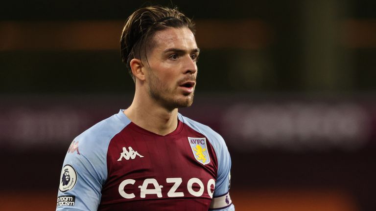 Jack Grealish of Aston Villa during the Premier League match between Aston Villa and Brighton & Hove Albion at Villa Park on November 21, 2020 in Birmingham, United Kingdom. Sporting stadiums around the UK remain under strict restrictions due to the Coronavirus Pandemic as Government social distancing laws prohibit fans inside venues resulting in games being played behind closed doors. (Photo by Matthew Ashton - AMA/Getty Images)