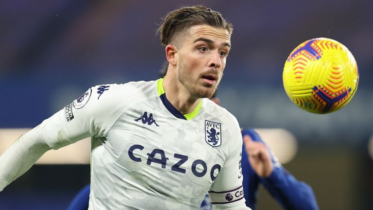 Aston Villa's Jack Grealish was involved in a collision with Andreas Christensen