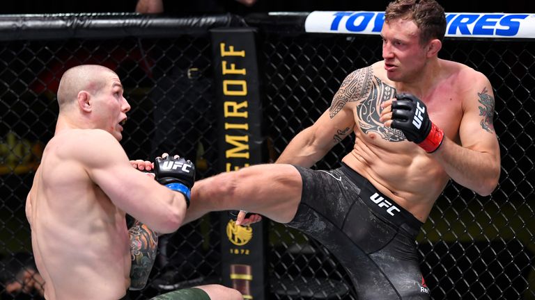 In this handout image from the UFC, Jack Hermansson (R) of Sweden kicks Marvin Vettori of Italy in a middleweight bout during the UFC Fight Night event at UFC APEX on December 05, 2020 in Las Vegas, Nevada