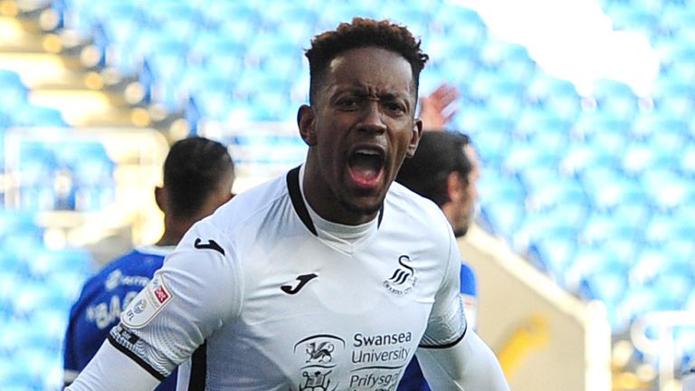 CARDIFF, WALES - DECEMBER 12: Jamal Lowe of Swansea City celebrates scoring the opening goal during the Sky Bet Championship match between Cardiff City and Swansea City at the Cardiff City Stadium on December 12, 2020 in Cardiff, Wales. (Photo by Athena Pictures/Getty Images)